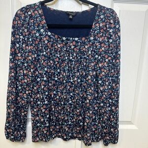 Lucky Brand Blue Floral Boho Long Sleeve Top Square Neck Size Small